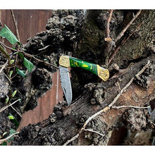 Load image into Gallery viewer, Handmade Stamina Wood Engraved Brass Green Damascus Steel Pocket Folding Knife