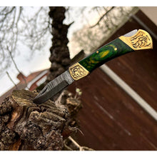 Load image into Gallery viewer, Handmade Stamina Wood Engraved Brass Green Damascus Steel Pocket Folding Knife