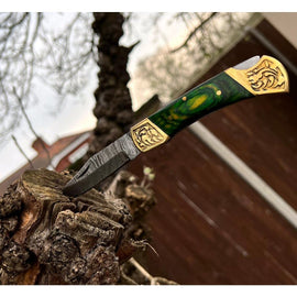 Handmade Stamina Wood Engraved Brass Green Damascus Steel Pocket Folding Knife