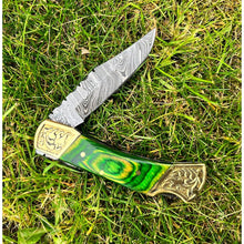 Load image into Gallery viewer, Handmade Stamina Wood Engraved Brass Green Damascus Steel Pocket Folding Knife