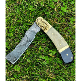 Handmade Beautifully Damascus Steel Pocket Folding Knife - Best gift for Boyfriend, Father's Day & Birthday