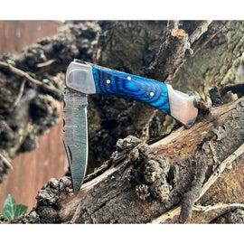 Handmade Ocean Blue Damascus Steel Pocket Folding Knife