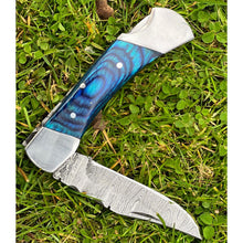 Load image into Gallery viewer, Handmade Ocean Blue Damascus Steel Pocket Folding Knife