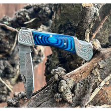 Load image into Gallery viewer, Handmade Blue Aztec Damascus Engraved Steel Pocket Folding Knife