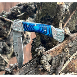 Handmade Blue Aztec Damascus Engraved Steel Pocket Folding Knife
