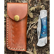 Load image into Gallery viewer, Handmade Blue Aztec Damascus Engraved Steel Pocket Folding Knife