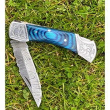 Load image into Gallery viewer, Handmade Blue Aztec Damascus Engraved Steel Pocket Folding Knife