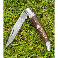 Load image into Gallery viewer, Handmade Rosewood Brass and Steel Damascus Pocket Folding Knife