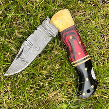 Load image into Gallery viewer, Handmade Red Aztec Damascus Black Horn and Brass Pocket Folding Knife
