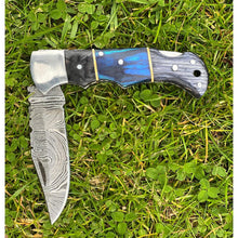 Load image into Gallery viewer, Blue and Grey Damascus Handmade Steel Pocket Folding Knife