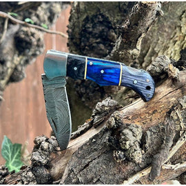 Blue and Grey Damascus Handmade Steel Pocket Folding Knife