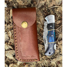 Load image into Gallery viewer, Blue and Grey Damascus Handmade Steel Pocket Folding Knife