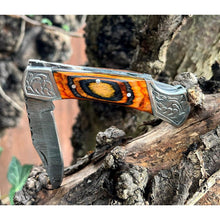 Load image into Gallery viewer, Handmade Orange Aztec Damascus Engraved Steel Pocket Folding Knife