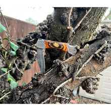 Load image into Gallery viewer, Handmade Orange Aztec Damascus Engraved Steel Pocket Folding Knife