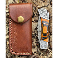Load image into Gallery viewer, Handmade Orange Aztec Damascus Engraved Steel Pocket Folding Knife