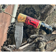 Load image into Gallery viewer, Handmade Red Aztec Damascus Black Horn and Brass Pocket Folding Knife