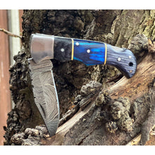 Load image into Gallery viewer, Blue and Grey Damascus Handmade Steel Pocket Folding Knife