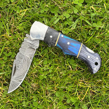 Load image into Gallery viewer, Blue and Grey Damascus Handmade Steel Pocket Folding Knife