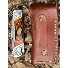 Load image into Gallery viewer, Handmade Orange Aztec Damascus Engraved Steel Pocket Folding Knife