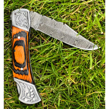Load image into Gallery viewer, Handmade Orange Aztec Damascus Engraved Steel Pocket Folding Knife