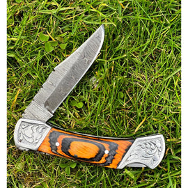 Handmade Orange Aztec Damascus Engraved Steel Pocket Folding Knife