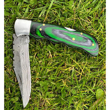 Load image into Gallery viewer, Handmade Emerald Aztec Green Black Damascus Steel Pocket Folding Knife