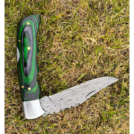 Handmade Emerald Aztec Green Black Damascus Steel Pocket Folding Knife