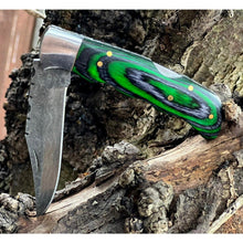 Load image into Gallery viewer, Handmade Emerald Aztec Green Black Damascus Steel Pocket Folding Knife