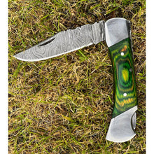 Load image into Gallery viewer, Handmade Aztec Green Black Damascus Steel Pocket Folding Knife