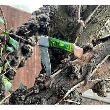 Load image into Gallery viewer, Handmade Aztec Green Black Damascus Steel Pocket Folding Knife