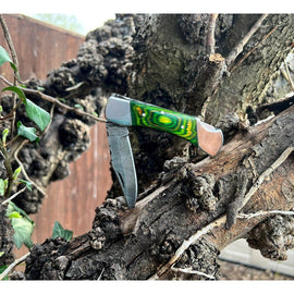 Handmade Aztec Green Black Damascus Steel Pocket Folding Knife