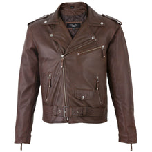 Load image into Gallery viewer, Men's Belted Cross Zip Brando Biker Brown Leather Jacket -