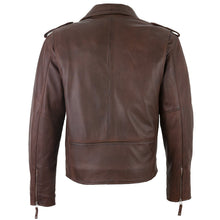 Load image into Gallery viewer, Men's Belted Cross Zip Brando Biker Brown Leather Jacket -