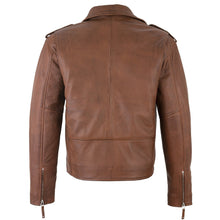 Load image into Gallery viewer, Men's Belted Cross Zip Brando Biker Tan Leather Jacket -