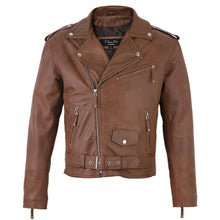 Load image into Gallery viewer, Men's Belted Cross Zip Brando Biker Tan Leather Jacket -