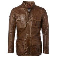 Load image into Gallery viewer, Men's Vintage Brown Racing Long Hip Length Leather Jacket -