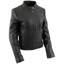 Load image into Gallery viewer, Women's Black Leather Scuba Style Jacket with Snap Mandarin Collar -