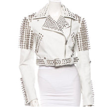 Load image into Gallery viewer, Womens Silver Tone Studded White Leather Biker Jacket