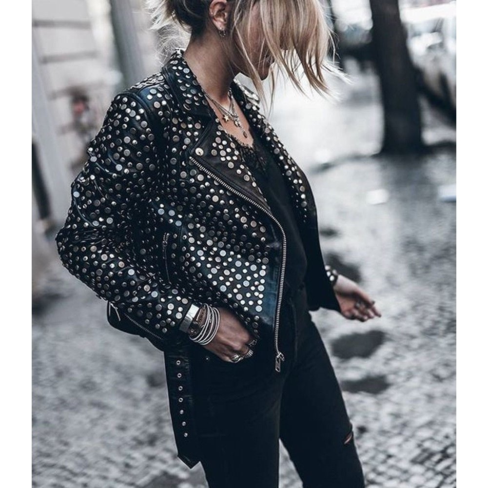 Studded leather jacket womens discount
