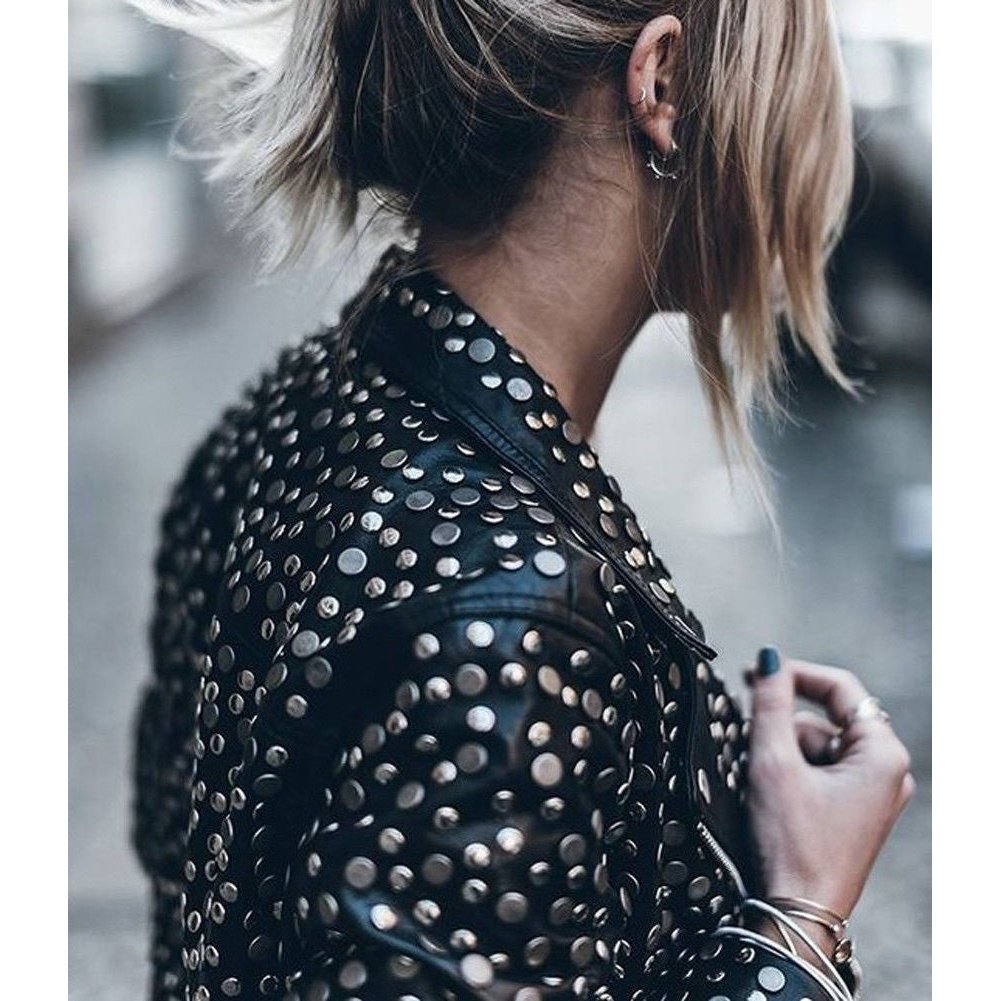 Womens Silver Full Studded Black Designer Leather Biker Jacket