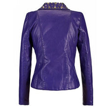 Load image into Gallery viewer, Womens Silver Tone Studded Pruple Leather Biker Jacket
