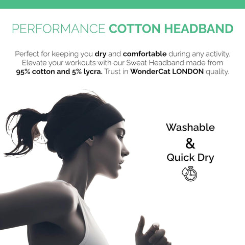 Premium 9 cm Wide Black Sweat Headband - 95% Cotton, 5% Lycra for Ultimate Comfort and Performance For Women & Men Yoga Hair Bands Unisex Kylie Bandeau Sweatband