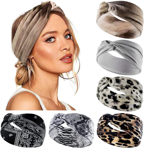 Wide Hair bands for Women Boho Headbands for Women's Hair Elastic Soft 6 Pieces Headband Print Head bands Adult Women Accessories Yoga Sports Hairband Multicoloured Thin Headscarf