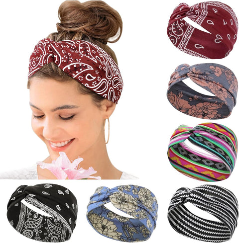 Wide Hair bands for Women Boho Headbands for Women's Hair Elastic Soft 6 Pieces Headband Print Head bands Adult Women Accessories Yoga Sports Hairband Multicoloured Thin Headscarf