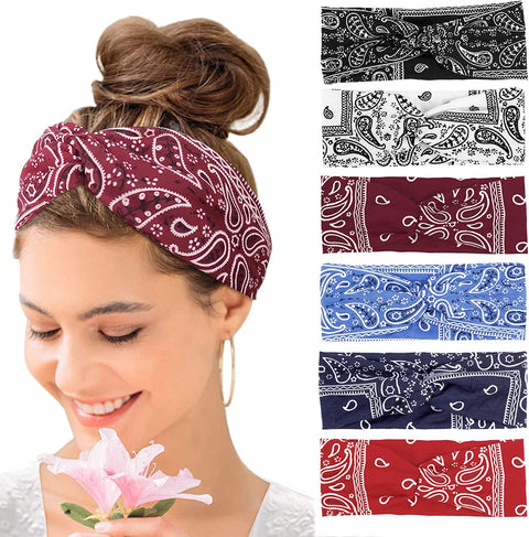 Wide Hair bands for Women Boho Headbands for Women's Hair Elastic Soft 6 Pieces Headband Print Head bands Adult Women Accessories Yoga Sports Hairband Multicoloured Thin Headscarf