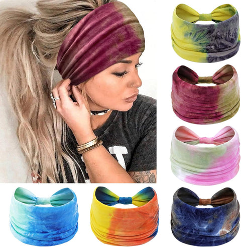 Wide Hair bands for Women Boho Headbands for Women's Hair Elastic Soft 6 Pieces Headband Print Head bands Adult Women Accessories Yoga Sports Hairband Multicoloured Thin Headscarf