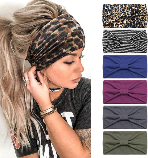 Wide Hair bands for Women Boho Headbands for Women's Hair Elastic Soft 6 Pieces Headband Print Head bands Adult Women Accessories Yoga Sports Hairband Multicoloured Thin Headscarf