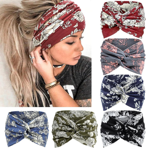 Wide Hair bands for Women Boho Headbands for Women's Hair Elastic Soft 6 Pieces Headband Print Head bands Adult Women Accessories Yoga Sports Hairband Multicoloured Thin Headscarf