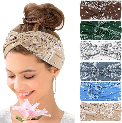 Wide Hair bands for Women Boho Headbands for Women's Hair Elastic Soft 6 Pieces Headband Print Head bands Adult Women Accessories Yoga Sports Hairband Multicoloured Thin Headscarf