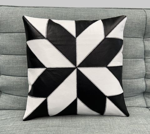 2x Black & White Flower Original Leather Cushion Covers